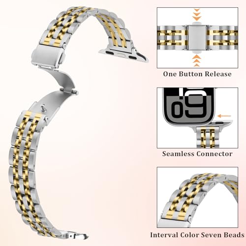Image of Anlinser Metal Bands Compatible with Apple Watch Band for Women 49 /46 /45 /44 /42 /41 /40 /38mm, Thin Band Designed for iWatch Ultra 3-1 Series 11 10 9 8 7 6 5 4-1 SE (49 /46 /45 /44 /42mm, Silver Gold)
