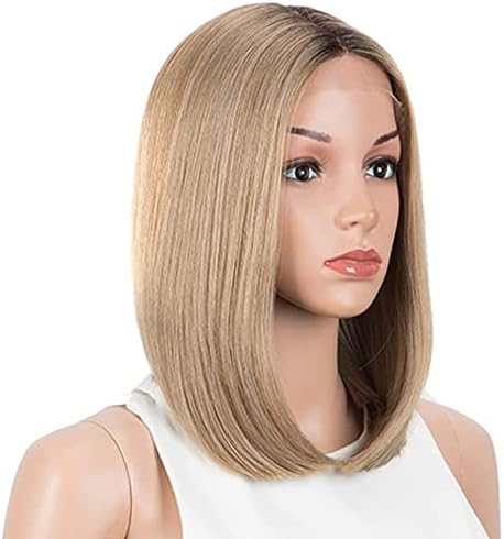 NOBLE Honey Blonde Lace Front Bob Wigs for Women T Part HD Lace Front Wigs with Brown Roots Synthetic Long Bob Wigs for Party and Daily Use (Ombre Brown Blonde with Dark Root Color)