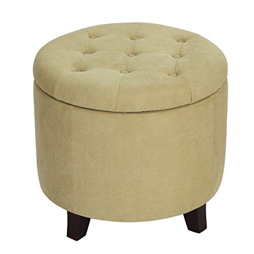 Adeco Fabric Cushion Round Button Tufted Lift Top Storage Footstool, Height 17 Inches Ottomans & Storage Ottomans, Flax Yellow #TOP24
