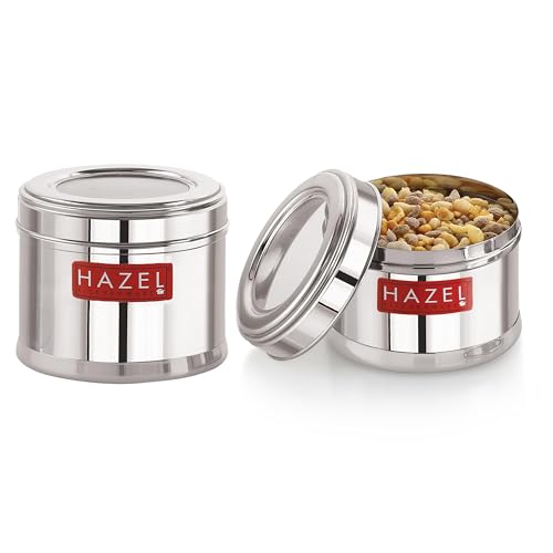 Image of HAZEL Masala Box for Kitchen with Airtight Lid | Stainless Steel Top See Through Storage Containers for Kitchen Air tight, 450 ML, Set of 2