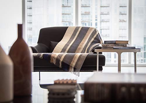 Qisu Genuine 100% Baby Alpaca Blanket And Soft, Warm, Decorative Throw, 70” X 51”, All Natural & Hypoallergenic, Luxury Breathable Comfort For Chair, Sofa, Or Bed (Blue Tan And White Stripe) #TOP3