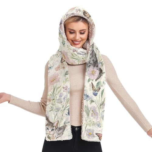 Bonnet d'hiver chaud à capuche écharpe longue poche gants motif aquarelle fleurs