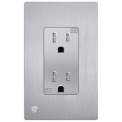 ENERLITES Elite Series Decorator Receptacle, Child Safe Tamper-Resistant Outlet, Self-Grounding, Residential Grade, 15A 125V, UL Listed, 61501-TR-SVWBP, Brushed Silver With Wall Plate