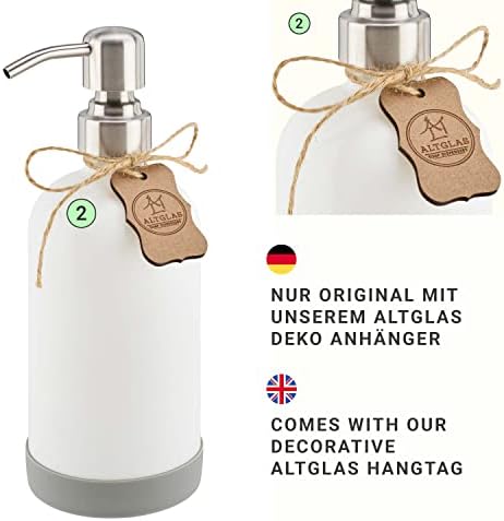 ALTGLAS Refillable Glass Soap Dispenser 'Sarajevo' from White Bottle with Stainless Steel Pump and Silicone Coaster (500ml, Set of 2)