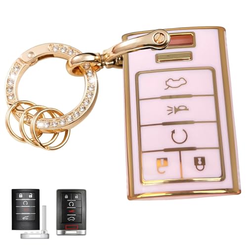 WENHENI Keyless Entry Systems Key for Cadillac Key Fob Cover Shell with Keychain Fit for Cadillac Escalade SRX CTS ATS XTS DTS STS 2008-2015 Smart Key (Gold-Pink)