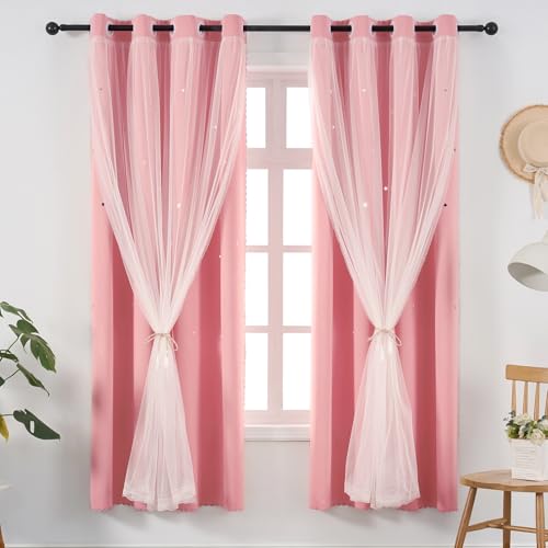 Image of Pink Blackout Curtain for Girls Room 63 Inches Long Cute Star Cutout Decor