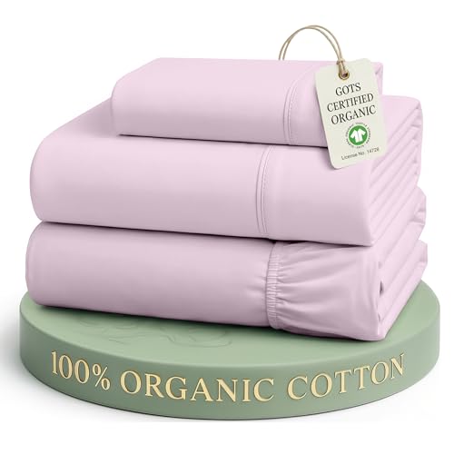 Image of LANE LINEN Cotton Sheets Twin 100% Organic Cotton GOTS Certified Percale Weave Deep Pocket 3 Piece Soft Breathable Cooling Lightweight All Season Machine Washable Crisp - Orchid Petal