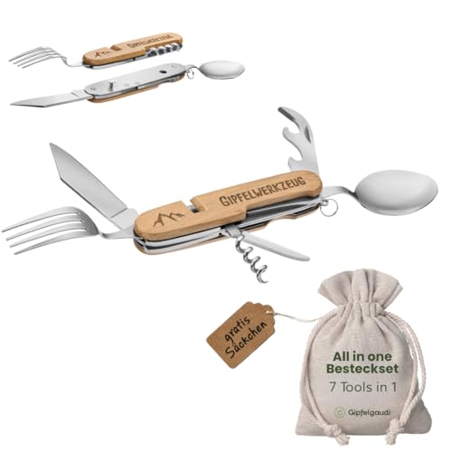 Gipfelgaudi All-in-One Camping Besteck: ideal zum Wandern Picknick & mehr I Plastikfreies Besteck To Go aus rostfreiem Edelstahl & Holz