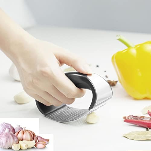 Garlic Press Rocker Stainless Steel, Garlic Mincer Tool with Garlic Peeler Tube, Sturdy Garlic Crusher Garlic Presser with Ergonomic Handle, Garlic Slicer & Grinder Extracts More Garlic Paste