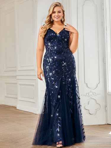 Image of Ever-Pretty Plus Sequin Formal Dresses Sleeveless V Neck Mermaid Ball Gowns Plus Size Prom Dress