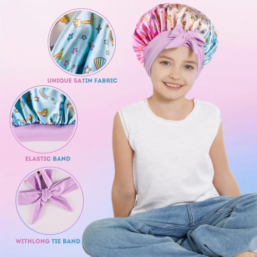 3 PCS Kids Bonnets for Girls,Kids Hair Bonnet,Silk Bonnet for Kid Sleeping,Cute Printed Silk lace up Children's Nightcap,A Sleeping Cap Suitable for Teenagers and Young Children3