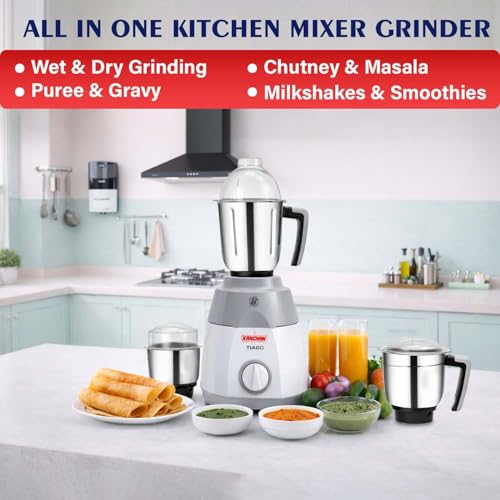 Image of Kanchan Tiago Plus Mixer Grinder 750 Watt|4 Multipurpose Jars(3 Stainless Steel + 1 Juicer)Blending, Grinding, Juicer mixer grinder for kitchen,Powerful motor with Overload Safety, ISI, 5 Yr Warranty