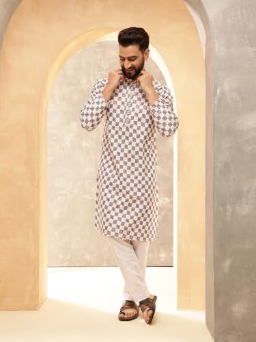Image of SOJANYA (Since 1958 Men's Cotton Rayon Embroidered Sequinned Kurta with White Pyjama