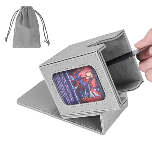 Image of AFIING MTG Deck Box for Commander Display,Card Deck Box Fits 100 Double Sleeved Cards, Magic Commander TCG Card Storage Box with 2 Dividers,Drawstring Bag and 1 Toploader(Silver /grey)