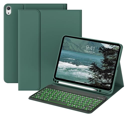 Image of GKABXY Case with Keyboard for New iPad (A16) 10th/11th Generation, 10.9/11 inch (2022/2025) Soft TPU Back with Pen Holder, 7 Colors Backlit Detachable Folio Keyboard case, Auto Sleep/Wake, Dark Green