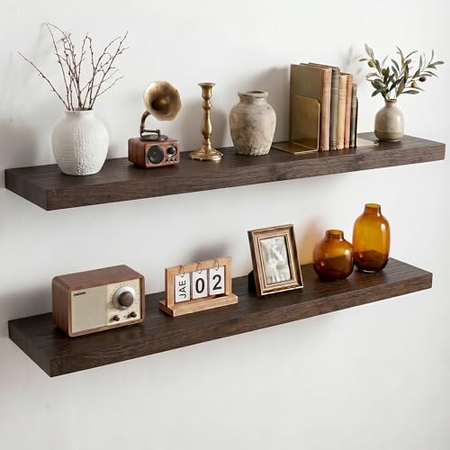 Image of Dreamland 36 Inch Long Floating Shelves Set of 2, Rustic Solid Elm Wood Floating Shelf Wall Mounted, 8 Inch Deep Wooden Wall Shelves for Living Room, Bedroom, Bathroom, Kitchen, Walnut