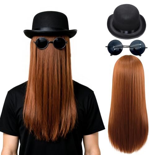 Timlotti 3 Pcs Cousin Costume Kit Halloween Movie Character Costume with Wig Bowler Hat and Sunglasses for Halloween Carnival Party