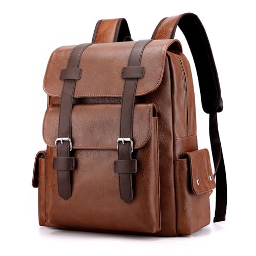 Mochila Vintage em Couro Sintético Marrom, Design Retrô com Fivelas, Alças Ajustáveis (Castanho claro)