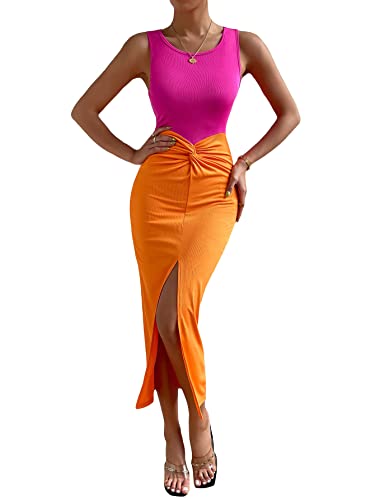 GORGLITTER Women's Twist Front Split Thigh Bodycon Maxi Dress Colorblock Sleeveless Slit Long Dresses Orange and Pink Medium