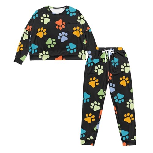 Image of Womens Lounge Set Long Sleeve Soft Pajama Sets Casual 2 Piece Pj Outfit Crewneck Sleepwear with Pockets Plus Size