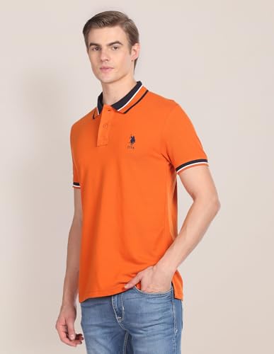 Image of U.S. POLO ASSN. Solid Slim Fit Cotton Polo T Shirt for Men - Breathable, Half Sleeves Mens Tshirt - 5XL, Orange