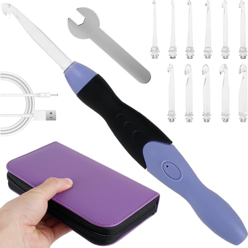 Image of Light Up Crochet Hook Set, 11 Sizes Lighted Crochet Hooks with Case, Rechargeable Crochet Hook 2.5 mm to 8 mm, DIY Crochet Hooks Set for Crocheting and Knitting, Interchangeable Heads Hooks
