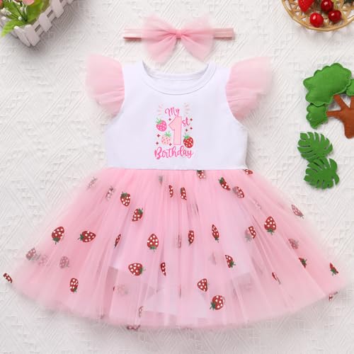 ODASDO Baby Girl First Birthday Cake Smash Outfit Ruffle Sleeve Tulle Tutu Princess Romper Dress with Bowknot Headband2