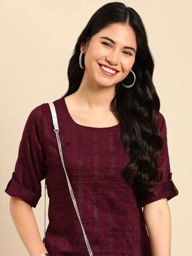 Image of SHOWOFFFF Women Woven Design Two-Piece Straight Ethnic Kurta Set | Scoop Neck 3 /4th Sleeves Silk Kurta Set for Womens | Mid-Rise Regular Fit Calf Length Kurta Set for Women's