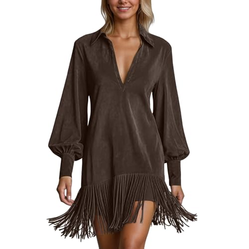 Vestidos de Invierno para Mujer Elegante de Ante Vestidos Largo de Manga Larga con Cuello en V Vestido Midi Línea A con Flecos Vestido Tipo SuéTer de Invierno con Efecto Ante