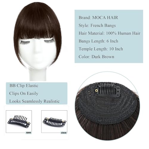 MOCA HAIR Clip in Bangs 100% Real Human Hair Extensions French Dark Brown Fake Bangs Hair Clip on bangs for women Fringe with Temples Hairpieces Faux Bangs for Daily Wear
