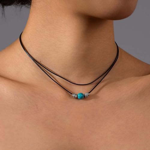 Inilbran Boho Geschichtetes Leder Choker Halskette Schwarzes Leder Cord Choker Halskette Blau Türkis Stein Halskette Vintage Kurzes Schwarzes Halsband Halskette Für Frauen