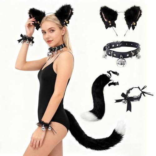 TGKYK Disfarce de gato para mulher, 4 peças, fantasia de gato preto, inclui bandana, cauda, colar e acessórios, para carnaval, festas de fantasia, Halloween e gatos cosplay