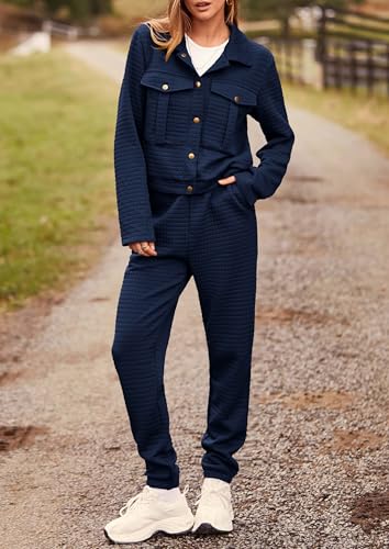 Image of PRETTYGARDEN Womens Two Piece Sets Fall 2026 Long Sleeve Button Down Shacket Jacket Long Sweatpants Tracksuit Winter Clothes