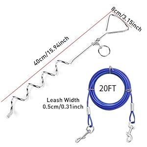 Dog Tie Out Cable and Stake, 20ft Outside Dog Leash&Chain for Camping and Yard, 16” Heavy Duty Anti Rust Spiral Stake for Medium-Large Dogs Up to 125 lbs (20FT, Blue)