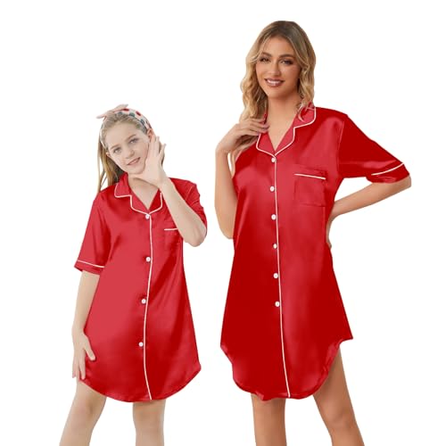 Image of Schbbbta Girls & Women Silk Nightgown, Short Sleeve Button Down Satin Nightshirt Pajama House Dress, 3 Years- Women 2XL