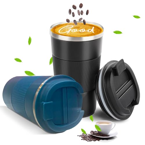 YINBAOGE Travel Coffee Mug 14oz Pink + Black, Gift set Insulated Spill Proof Leak Proof Portable To Go Camping Stainless Steel Coffee Tumbler Reusable Coffee Cups with Lids…