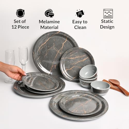 Image of MARKET 99 Heavy-Duty Grey Static Melamine Dinner Set - 12 Pcs | Includes 4 Full Plates, 4 Quarter Plates & 4 Soup Bowls | Durable Dinnerware for Daily Use, Family Meals, Parties & Kitchen Decor