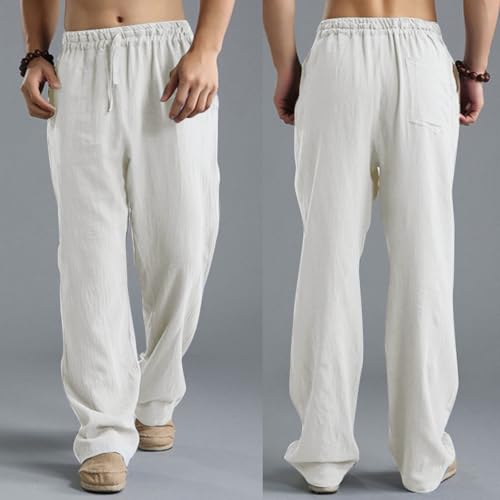 DuDubaby Men's Pants Casual Linen Loose Fit Straight-Legs Elastic Drawstring Waist Summer Beach Yoga Workout Trousers2
