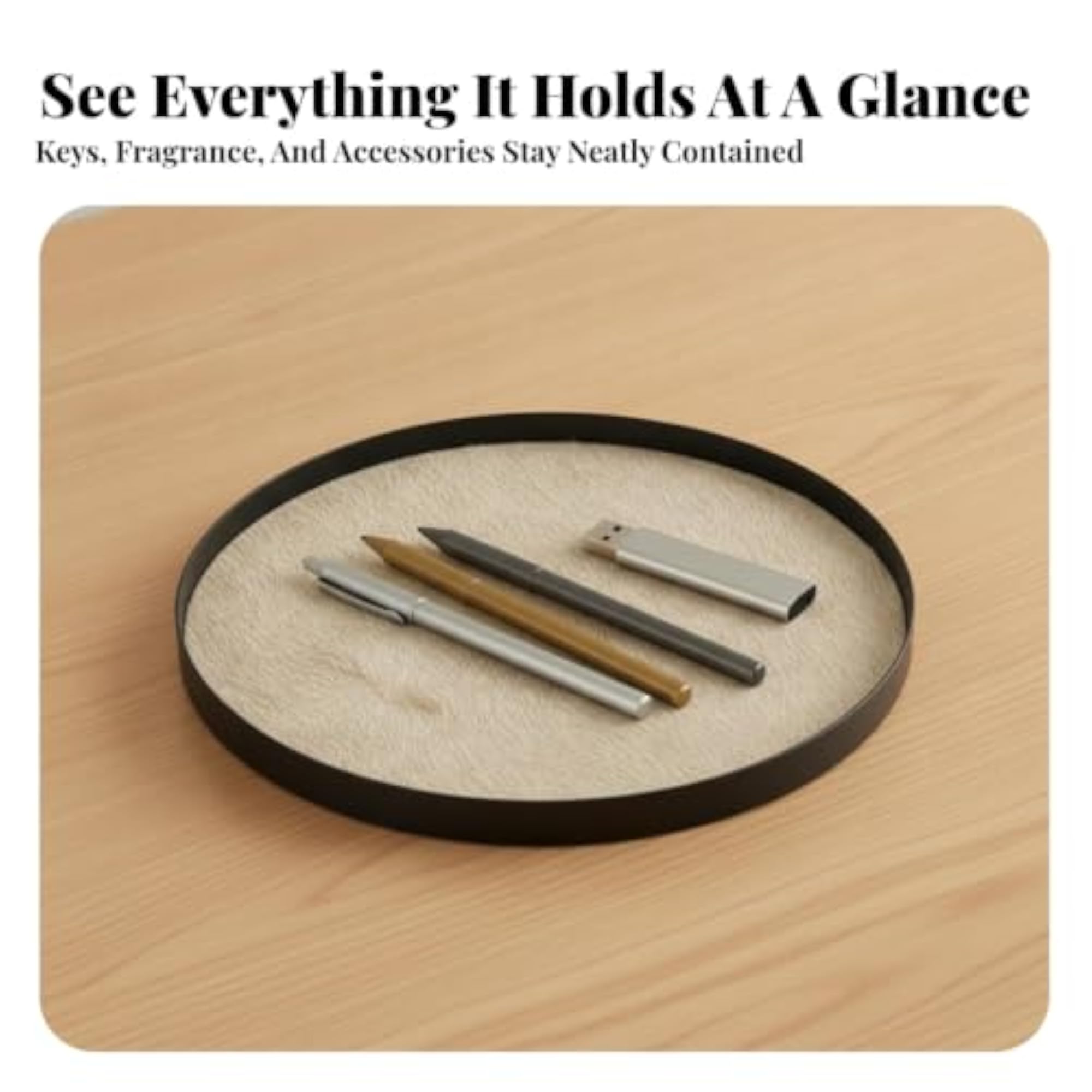Decorative Round Tray with Metal Rim, Low-Height Design