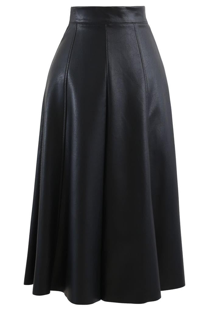 mrugneni Women's High Waist Faux Leather A-Line Midi Skirt, Side Zip Closure, Black and Brown-picture-1
