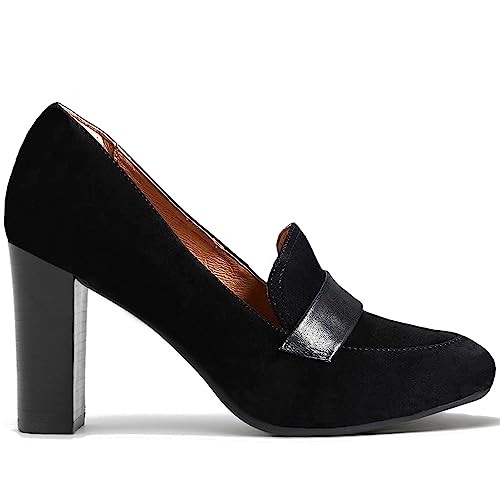 Image of MOOMMO Women Chunky Block Heel Pumps Round Closed Toe Slip On Oxford Loafers Shoes High Heels Snakeskin Work Pump Suede Loafer for Office Ladies Classic Formal Business Professional 4-13 M US