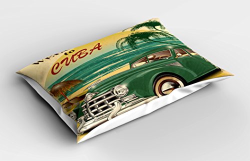 Lunarable Cars Pillow Sham, Vintage Vehicle Parked by The Exotic Beach Havana Cuba Summer Vacation Road Trip Theme… - Image 3