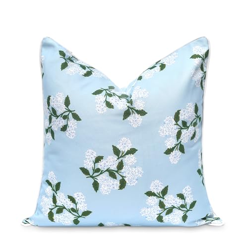 Hofdeco Premium Coastal Patio Indoor Outdoor Throw Pillow Cover Only, 20"x20" Water Repellent for Backyard, Couch, Baby Blue Print Hydrangea Flower