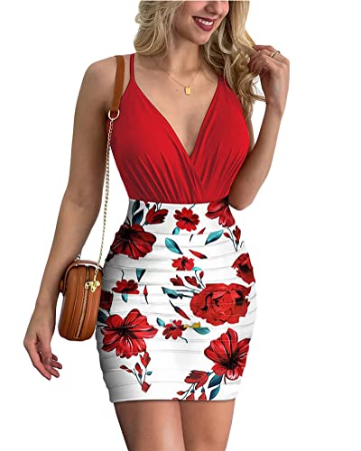 Osheoiso Mujeres Sexy Floral Crop Top con Falda Corta Conjuntos Elegantes 2 Piezas Bodycon Tank Tops Vintage Mini Falda Lápiz Corte Bajo Sin Espalda Outfit Combi Set Rojo XL Cover