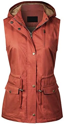 MixMatchy Women's Military Soft Faux Lined Anorak Utility Hooded Jacket Vest Rust M