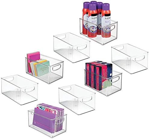 mDesign Set of 8 Storage Boxes with Built-in Handles  for Storage of Kitchen, Bathroom or Office Equipment  Plastic Box for Use as Desk Storage Unit  Clear