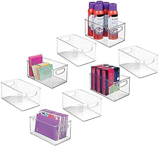 mDesign Set of 8 Storage Boxes with Built-in Handles  for Storage of Kitchen, Bathroom or Office Equipment  Plastic Box for Use as Desk Storage Unit  Clear