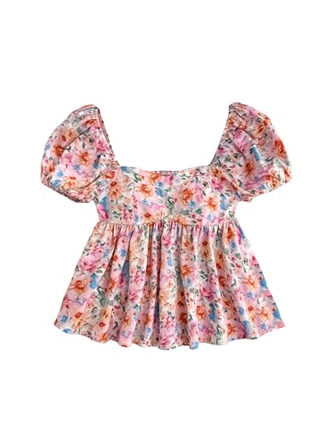 SweatyRocks Girl's Cute Floral Print Short Puff Sleeve Ruffled Blouse Square Neck Ruffle Peplum Tops