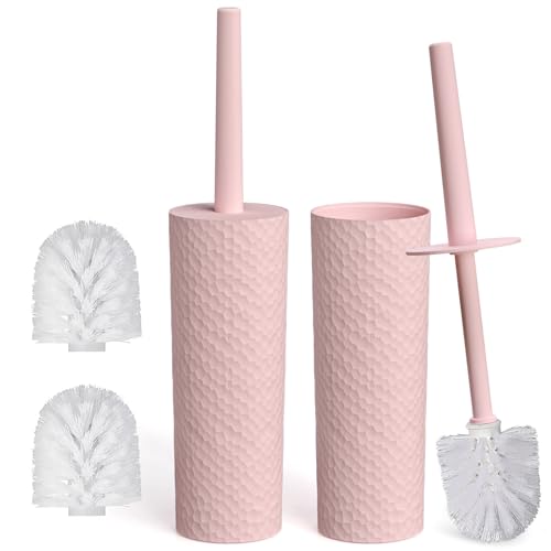 Image of Topsky 2 Pack Compact Toilet Brush & Holder Set, Plastic Round Barrel Loo Brush with 2 Replacement Toilet Brush Head, Durable for Bathroom Toilet, Pink