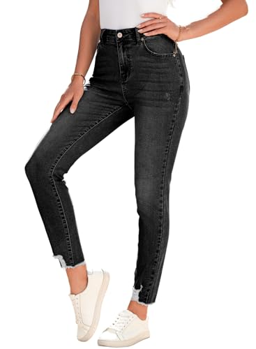 SHEWIN Womens Jeans Skinny Fit Ripped Distressed Raw Hem Denim Pants Trendy 2025 Stretchy Low Rise Jeans for Women Black Size 10
